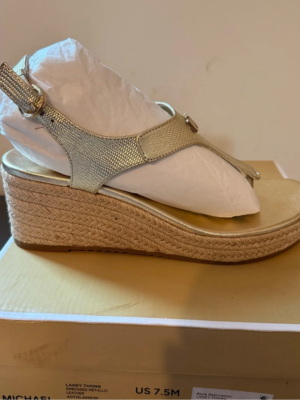 Michael Kors Pale Gold Wedge Espadrille Thong Sandals